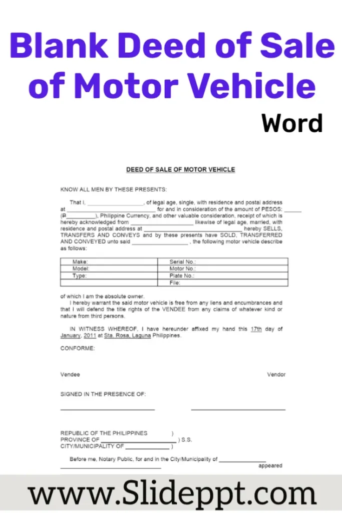 Blank Deed of Sale of Motor Vehicle Template – doc word for car title transfer. Document illustrating a motor-vehicle sale with clear ownership transfer fields.