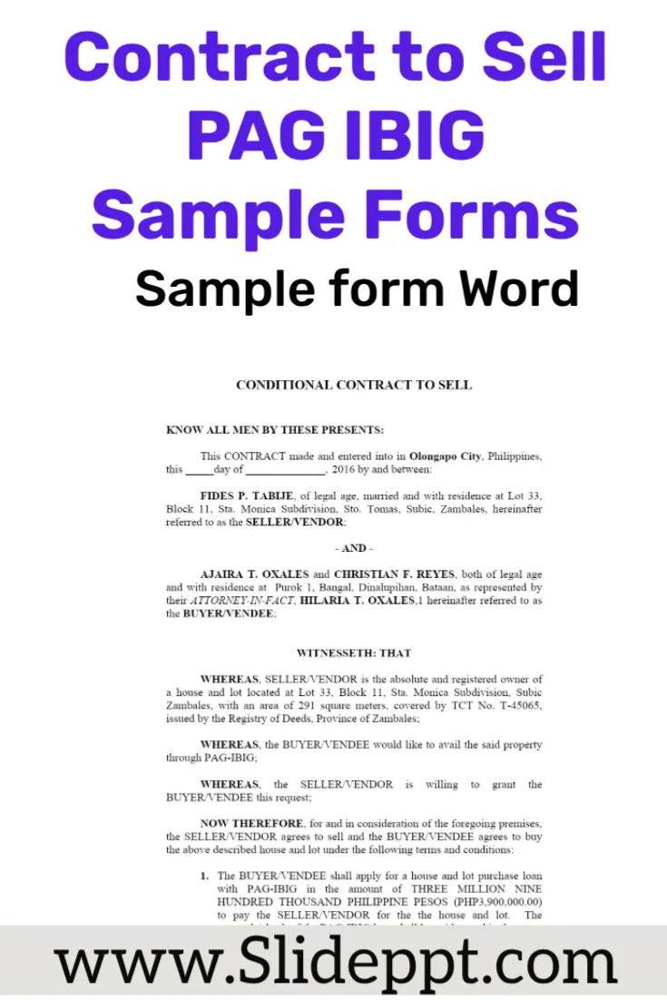 Contract to Sell PAG IBIG Sample Forms in Word Contract to Sell formatted for a Pag-IBIG transaction with financing and title-transfer sections.