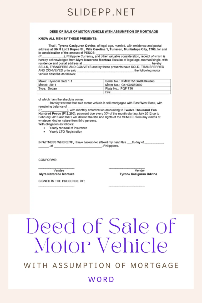 Deed of Sale of Motor Vehicle With Assumption of Mortgage: Word Document showing the Deed of Sale of Motor Vehicle with Assumption of Mortgage, used for transferring ownership and taking over an existing vehicle loan.
