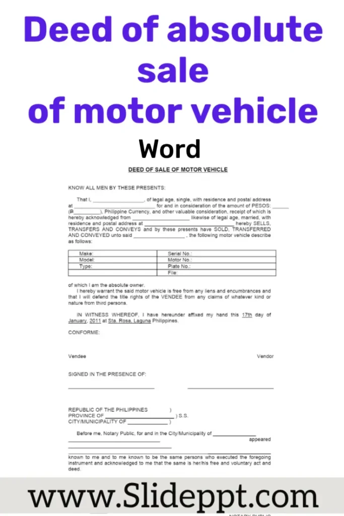 Deed of absolute sale of motor vehicle word format—editable template for title transfer. deed of absolute sale of motor vehicle word format