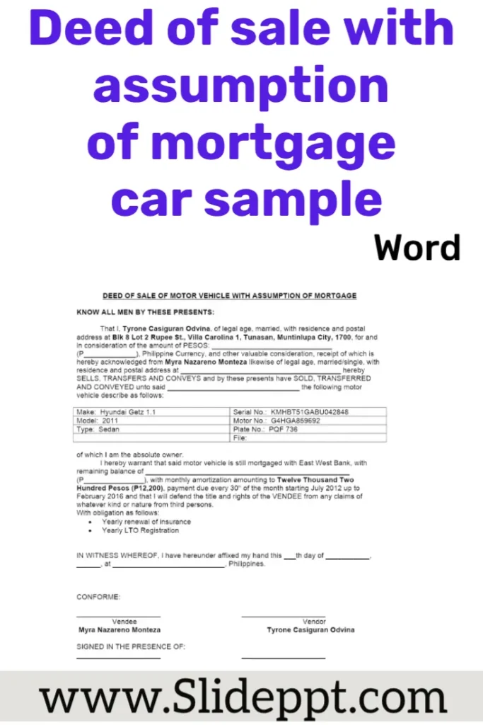 Deed of sale with assumption of mortgage car sample—vehicle transfer and loan assumption document. Legal document showing a car ownership transfer with loan assumption.