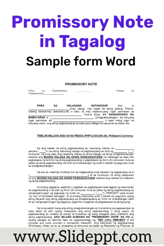 Promissory Note in Tagalog Sample Form (Word) for clear repayment terms. Tagalog promissory note showing amount, due date, signatures, and witness lines.