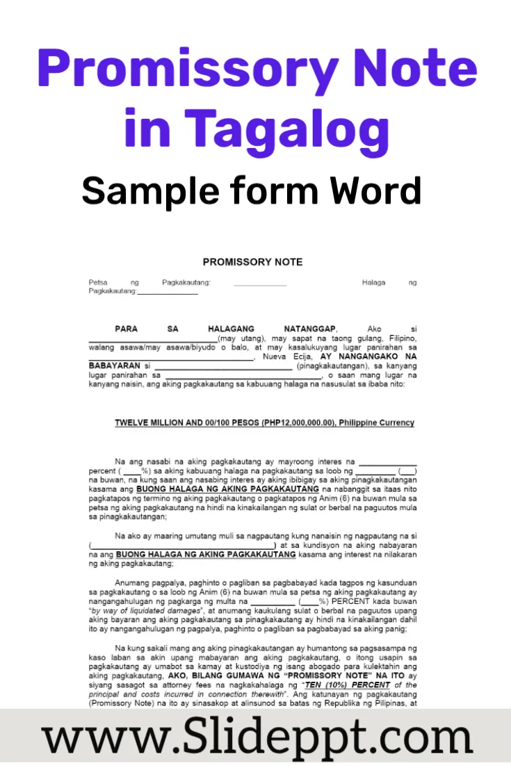 Tagalog promissory note showing amount, due date, signatures, and witness lines.