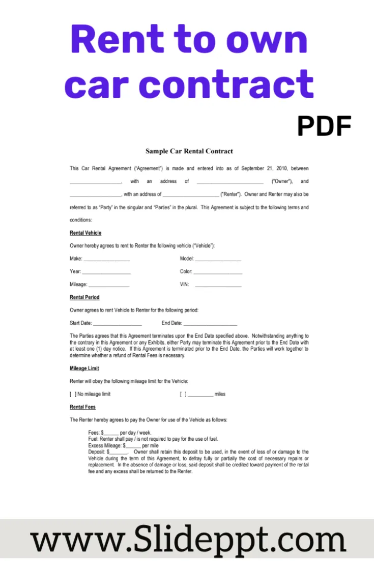 Rent to own car contract pdf template Rent-to-own car contract page showing parties, vehicle identifiers, payments, option to purchase, and signatures.