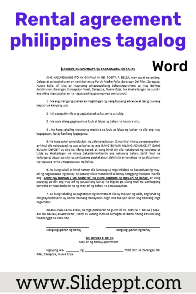 Tagalog rental agreement page highlighting unit details, rent, deposit, and signatures.
