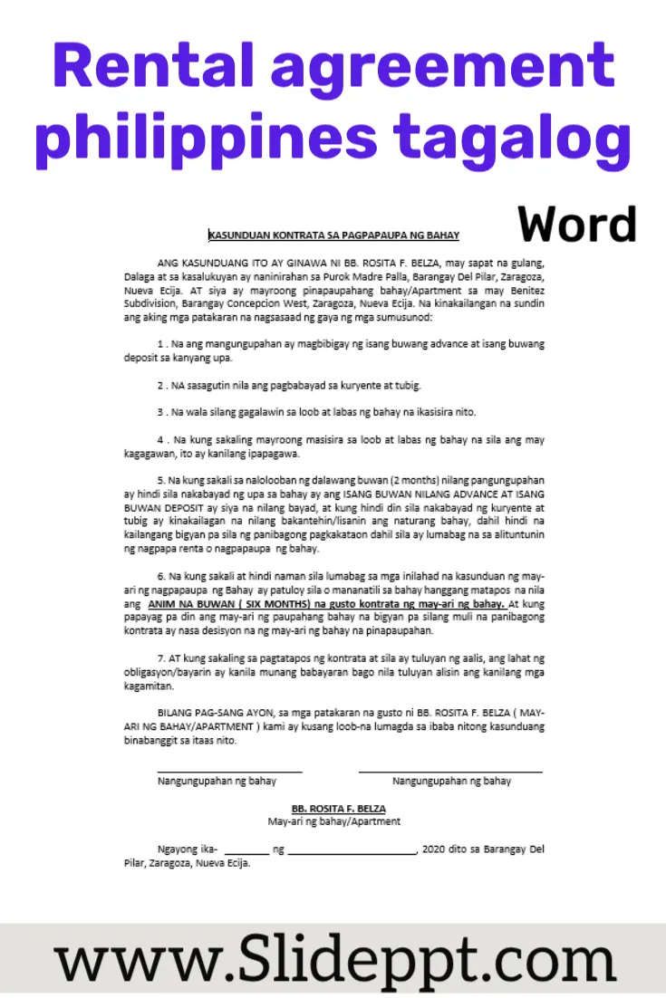 Rental agreement philippines tagalog - Word template Tagalog rental agreement page highlighting unit details, rent, deposit, and signatures.