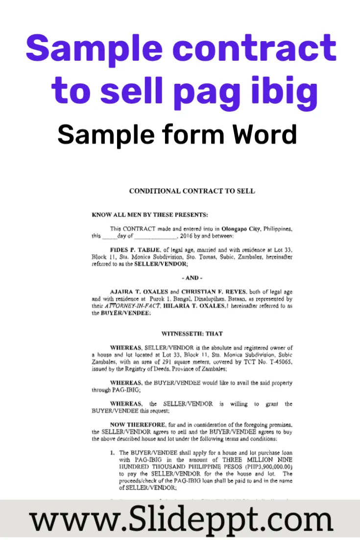 Sample contract to sell pag ibig - Word template Contract to Sell template showing property details, price terms, and a Pag-IBIG financing clause.
