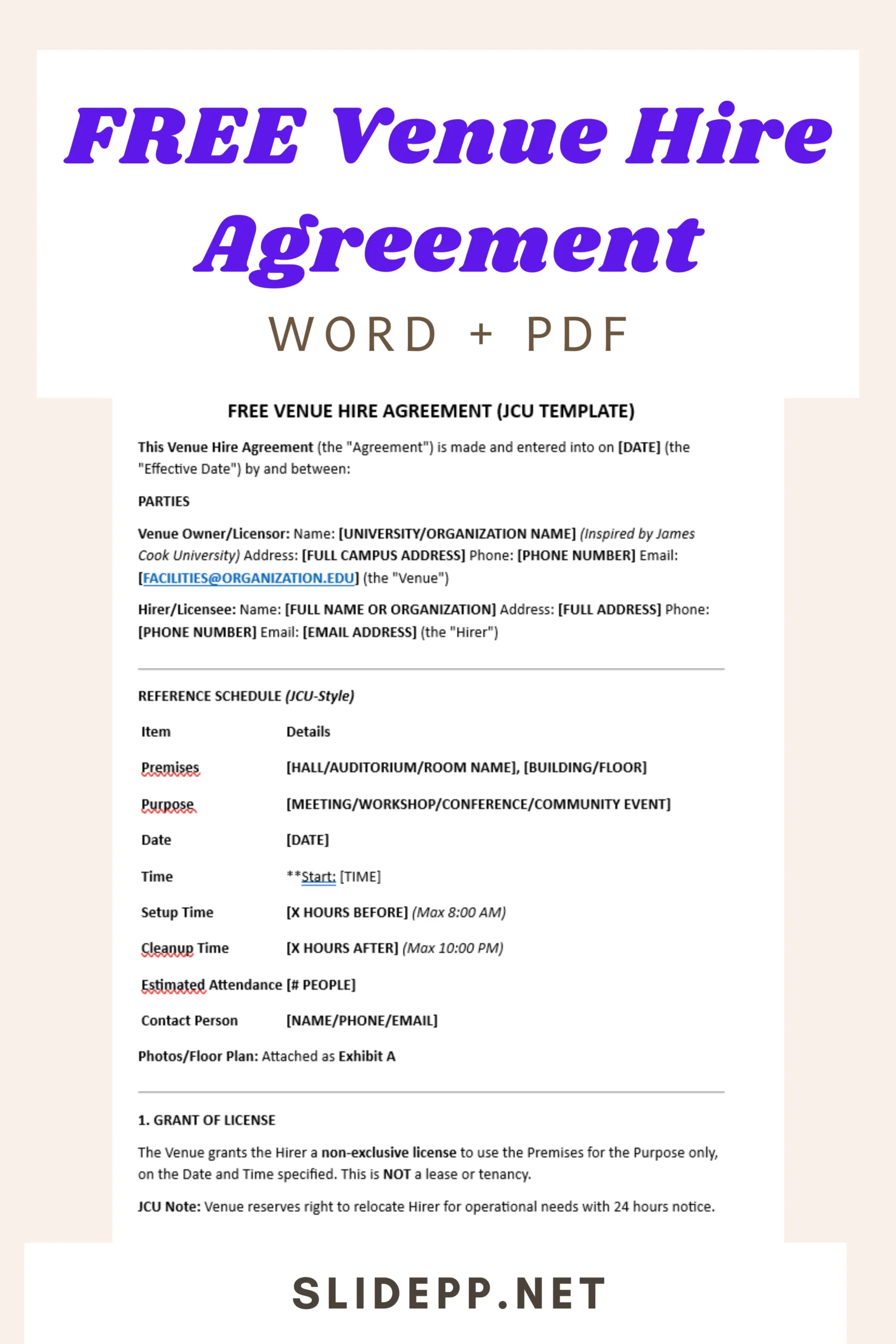 free venue hire agreement (jcu template) word and pdf