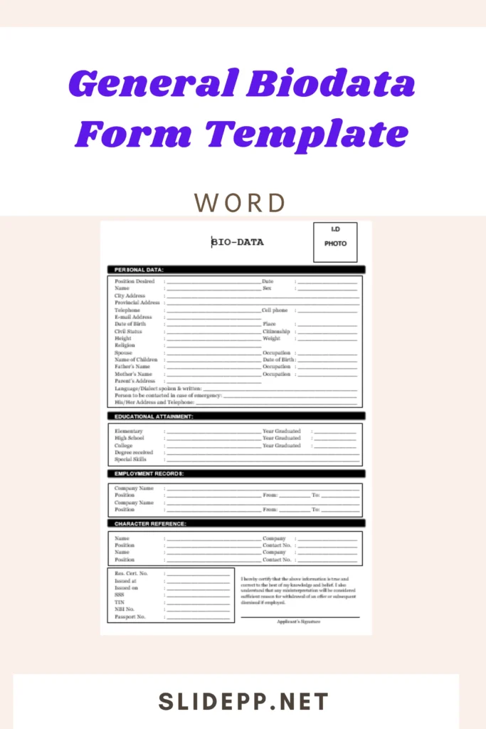 Professional general biodata form template displayed on a laptop screen with sections for personal details, education, and experience.