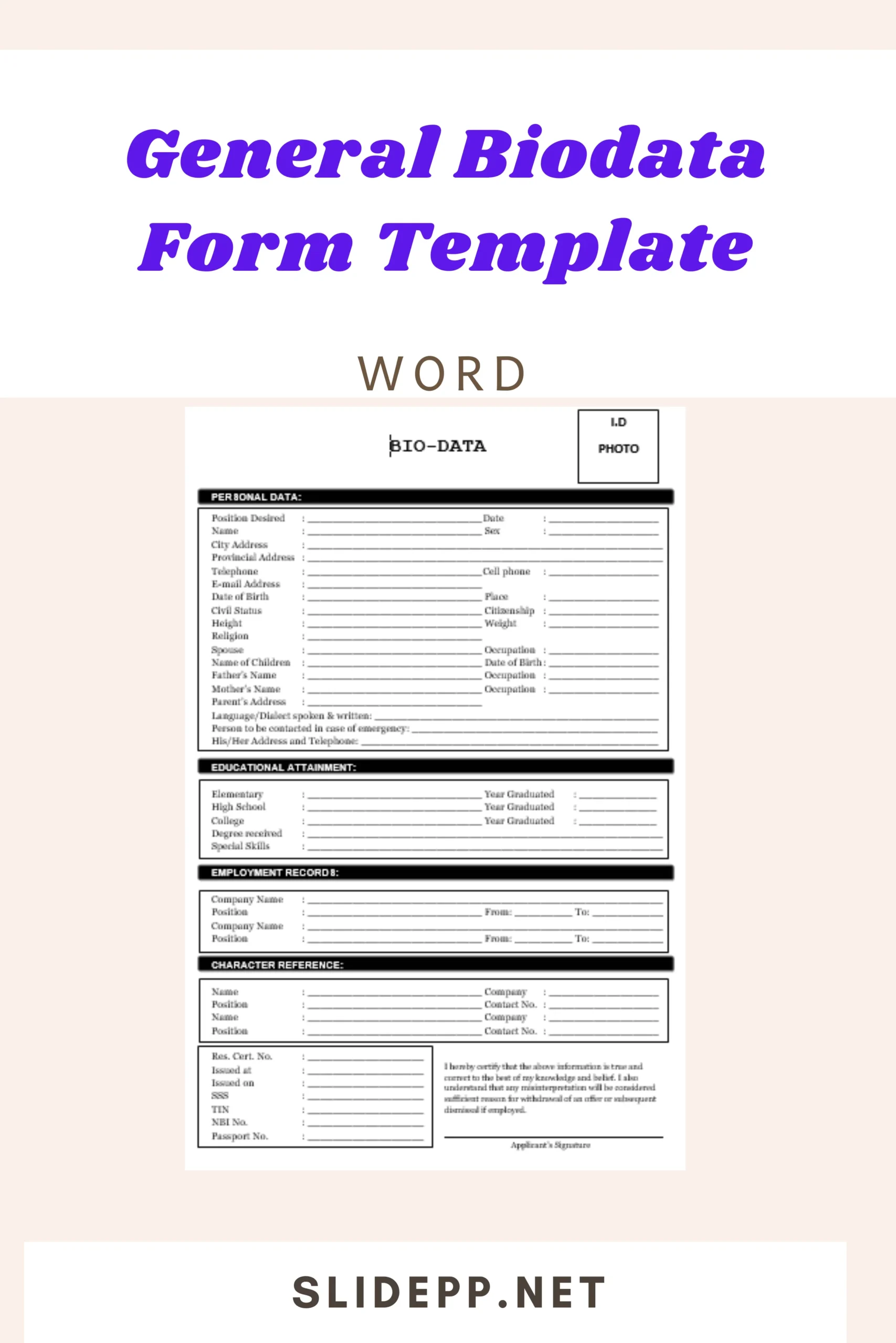 Professional general biodata form template displayed on a laptop screen with sections for personal details, education, and experience.