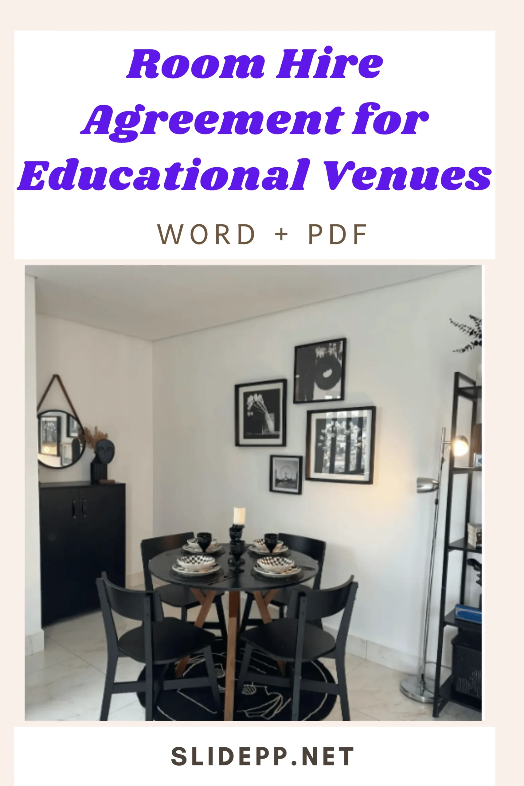 Legal room hire agreement form for educational venues in PDF and Word formats