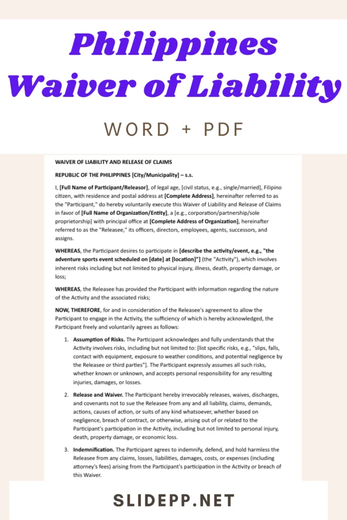 Free template image showing waiver of liability sample Philippines in DOC and PDF formats Philippines waiver of liability form template for free download