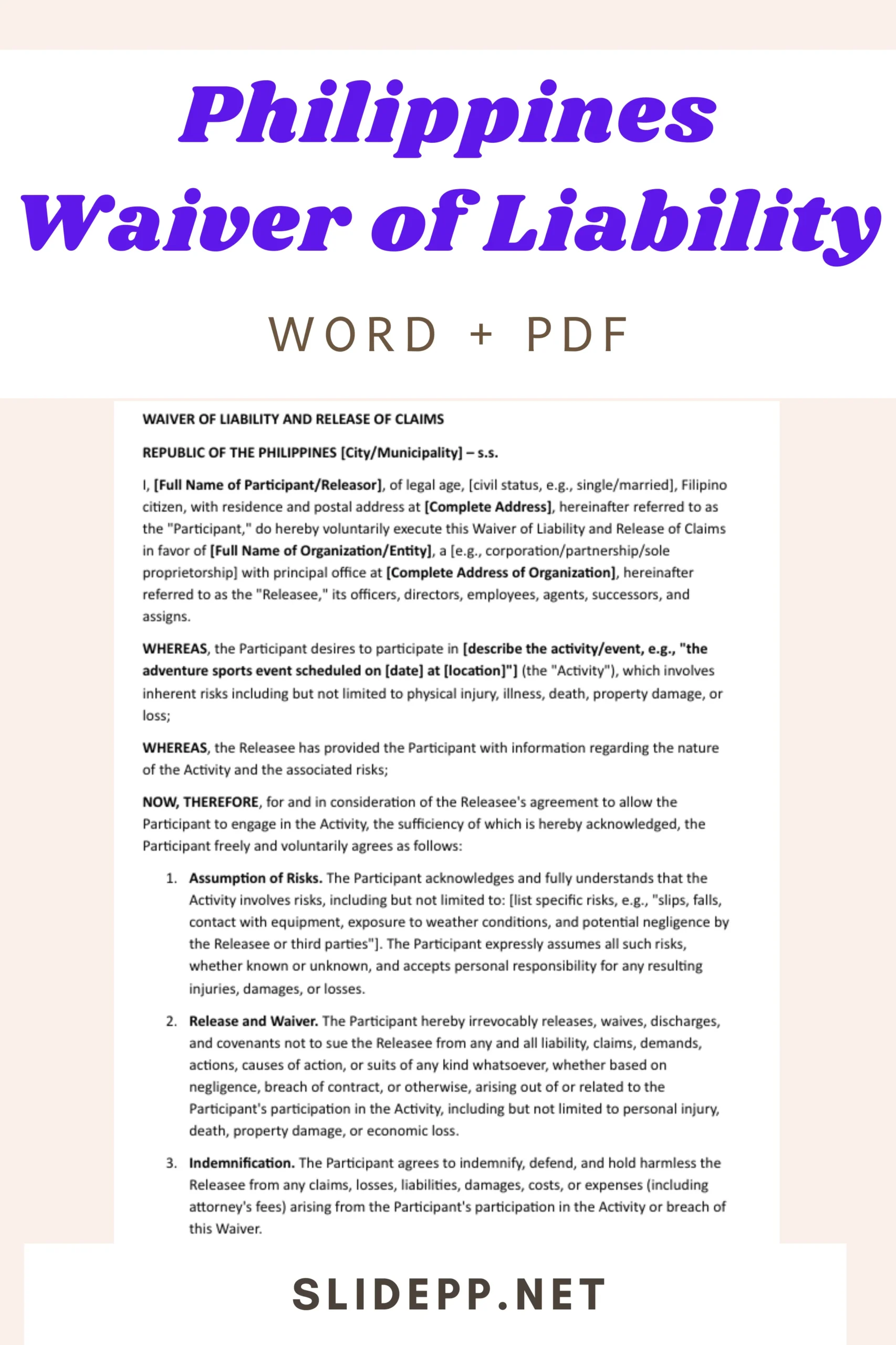 Philippines waiver of liability form template for free download