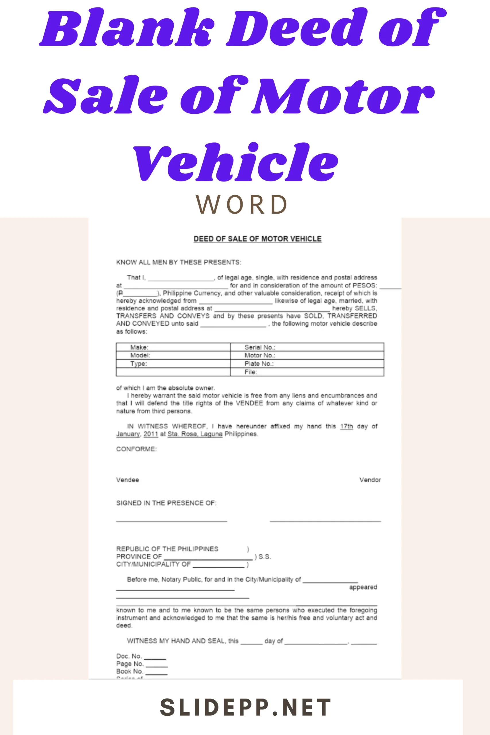 Professional blank deed of sale of motor vehicle template displayed on laptop screen for easy Word download.