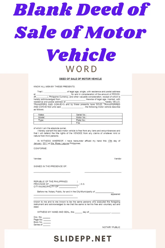 Free blank deed of sale of motor vehicle template in Word DOC with editable sections for simple motor vehicle Philippines sales.